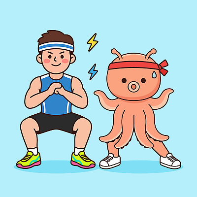 캐릭터 남자 일러스트 운동복 운동 헬스 머리띠 즐거움 주꾸미 쭈꾸미캐릭터 스쿼트 국내일러스트 AI파일 옷 감정 장신구 연체동물 건강 사람 수중동물 파일형식 벡터 운동자세 동물 무척추동물