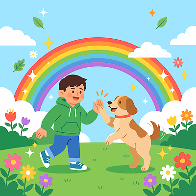 꽃 행복 반려견 무지개 일러스트 자연 놀이 풍경 소년 초원 일상 친구 반려동물 산책 개 즐거움 하이파이브 놀기 국내일러스트 AI파일 자연요소 식물 동물 남자 감정 어린이 포유류 관계 모션 휴식 손짓 라이프 생태계 파일형식 벡터 컨셉 사람 생활