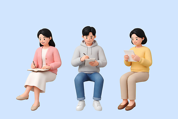 PSD 편집이미지 옷 여자 남자 종이 표정 사람 앉기 생활 공책 작업 그룹 집중 일과 마음건강 편집3D 컨셉 모션 문구용품 3D 마음 파일형식 디지털합성 오브젝트