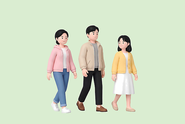 PSD 편집이미지 캐릭터 옷 여자 남자 분홍색 사람 세명 친구 걷기 일과 베이지색 마음건강 편집3D 컬러 관계 모션 3D 마음 파일형식 디지털합성