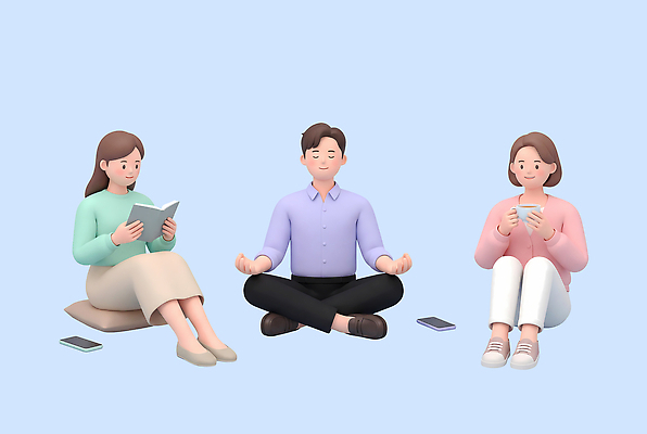 PSD 편집이미지 여자 남자 앉기 취미 책 스마트폰 독서 모임 편안함 다도 명상 일과 마음건강 편집3D 모션 사람 핸드폰 스마트기기 3D 마음 예절 감각 파일형식 전자제품 디지털합성