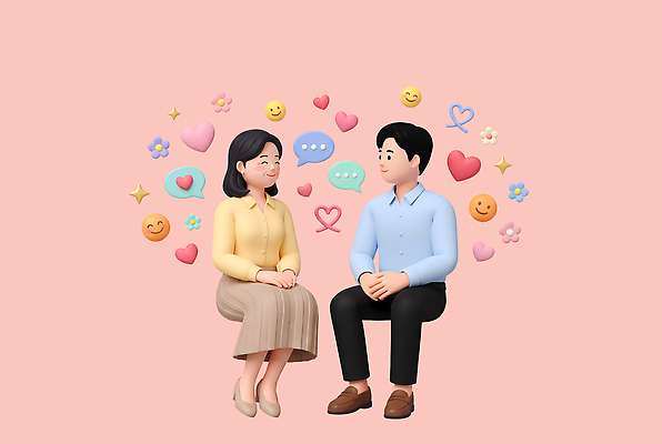 PSD 편집이미지 여자 남자 행복 관계 대화 사랑 만남 상담 일과 소통 마음건강 편집3D 감정 컨셉 말하기 사람 3D 마음 파일형식 모션 디지털합성