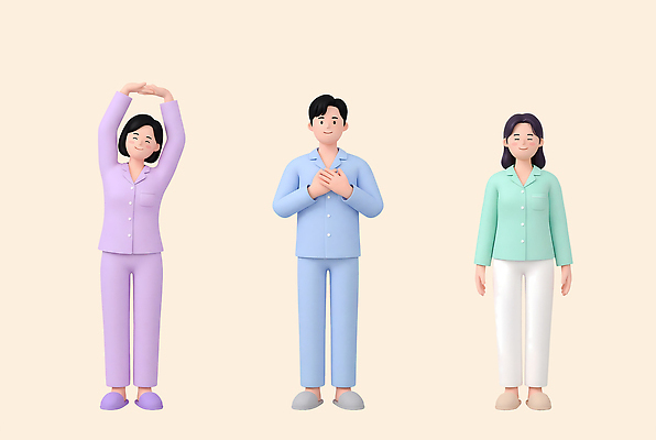 PSD 편집이미지 캐릭터 여자 남자 포즈 건강 일상 생활 운동 헬스 스트레칭 잠옷 호흡 명상 일과 마음건강 편집3D 옷 사람 라이프 3D 마음 파일형식 디지털합성