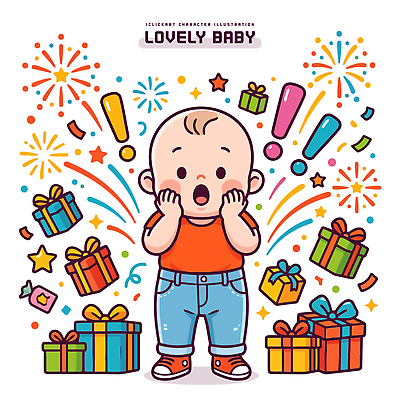 캐릭터 기념일 행복 일러스트 폭죽 선물 이벤트 장식 파티 놀람 기쁨 축하 아기 생일파티 생일 즐거움 국내일러스트 AI파일 감정 컨셉 표정 사람 파일형식 벡터