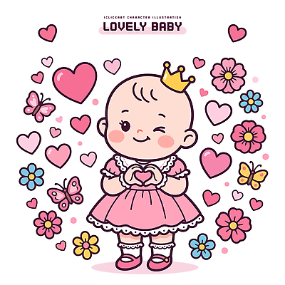 캐릭터 드레스 여자 꽃 행복 분홍색 나비 일러스트 왕관 사랑 미소 장식 귀여움 하트 아기 오브젝트 손하트 국내일러스트 AI파일 모양 식물 옷 감정 컬러 곤충 컨셉 표정 사람 손짓 파일형식 벡터 동물 모션
