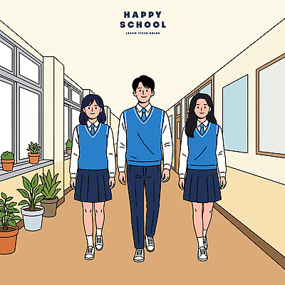 학생 교복 화분 일러스트 학교 청소년 실내 생활 친구 학습 스쿨라이프 걷기 환경 그룹 복도 국내일러스트 AI파일 라이프스타일 옷 교육 관계 모션 사람 내부 파일형식 벡터