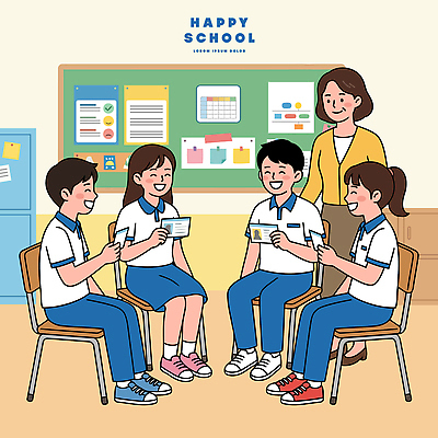 학생 교육 의자 일러스트 교실 청소년 놀이 탁자 벽면 대화 웃음 친구 학습 스쿨라이프 교사 자료 그룹 즐거움 소통 국내일러스트 AI파일 직업 라이프스타일 감정 벽 가구 컨셉 학교 관계 표정 말하기 사람 파일형식 벡터 생활용품 모션 생활 오브젝트