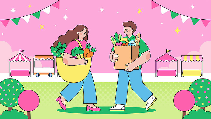 나무 커플 여자 남자 채소 과일 일러스트 사람 일상 여름 장보기 상자 바구니 신선 시장 구매 장바구니 천막 세련 플리마켓 국내일러스트 AI파일 식물 계절 관계 라이프 쇼핑 파일형식 벡터 생활