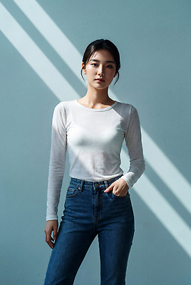 JPG 모델 편집이미지 여자 패션 포즈 빛 청바지 긴팔티셔츠 의료성형뷰티 스타일 편집실사 AI인물포토 AI콘텐츠 티셔츠 바지 사람 CG 파일형식 AI포토 셔츠 하의 옷 상의