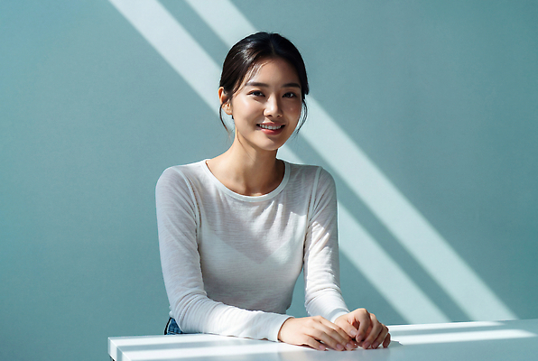 JPG 편집이미지 여자 탁자 그림자 웃음 앉기 빛 방 분위기 일과 긴팔티셔츠 착용 의료성형뷰티 편집실사 AI인물포토 AI콘텐츠 가구 컨셉 티셔츠 모션 표정 사람 CG 파일형식 AI포토 생활용품 셔츠 상의 오브젝트 옷