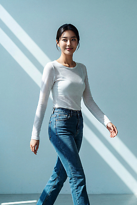 JPG 모델 편집이미지 여자 패션 벽 포즈 실내 일상 빛 걷기 청바지 의료성형뷰티 스타일 편집실사 AI인물포토 AI콘텐츠 바지 모션 사람 내부 라이프 CG 파일형식 AI포토 하의 생활 옷