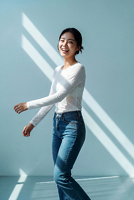 JPG 편집이미지 여자 패션 포즈 신체 표정 그림자 웃음 일상 캐주얼 햇빛 걷기 자유 즐거움 의료성형뷰티 편집실사 AI인물포토 AI콘텐츠 옷 감정 컨셉 모션 사람 라이프 빛 CG 파일형식 AI포토 생활
