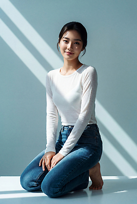 JPG 편집이미지 여자 감정 포즈 실내 그림자 앉기 햇빛 청바지 무릎 의료성형뷰티 편집실사 AI인물포토 AI콘텐츠 바지 모션 사람 내부 신체부위 빛 CG 파일형식 AI포토 하의 옷