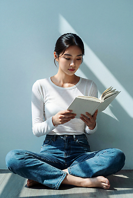 JPG 편집이미지 옷 여자 창 상의 조명 바닥 앉기 일상 책 빛 방 청바지 집중 읽기 의료성형뷰티 편집실사 AI인물포토 AI콘텐츠 컨셉 바지 모션 사람 라이프 CG 파일형식 AI포토 하의 생활