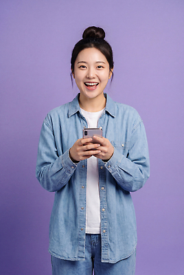 JPG 편집이미지 여자 셔츠 표정 웃음 캐주얼 스마트폰 청춘 보라색 기쁨 청바지 즐거움 소통 의료성형뷰티 편집실사 AI인물포토 AI콘텐츠 옷 감정 컬러 컨셉 상의 바지 사람 핸드폰 스마트기기 CG 파일형식 AI포토 하의 전자제품