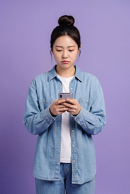 JPG 편집이미지 옷 여자 패션 얼굴 벽 포즈 일상 스마트폰 보라색 청바지 집중 소통 의료성형뷰티 편집실사 AI인물포토 AI콘텐츠 컬러 컨셉 바지 사람 라이프 신체부위 핸드폰 스마트기기 CG 파일형식 AI포토 하의 생활 전자제품