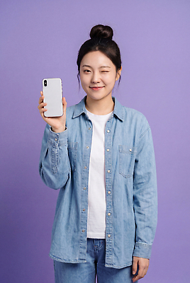 JPG 편집이미지 라이프스타일 여자 포즈 표정 미소 사람 일상 스마트폰 청바지 청자켓 소통 보라색배경 의료성형뷰티 편집실사 AI인물포토 AI콘텐츠 백그라운드 컨셉 바지 라이프 생활 핸드폰 스마트기기 보라색 재킷 CG 파일형식 AI포토 컬러 하의 전자제품 외투 옷 상의