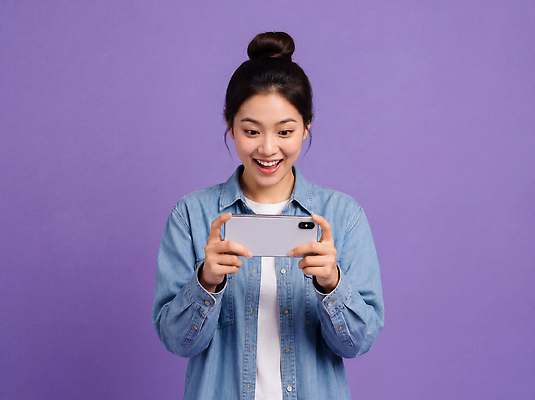 JPG 편집이미지 여자 표정 일상 스마트폰 유행 보라색 게임 즐거움 소통 의료성형뷰티 상호작용 편집실사 AI인물포토 AI콘텐츠 감정 컬러 컨셉 놀이 사람 라이프 핸드폰 스마트기기 CG 파일형식 AI포토 생활 전자제품