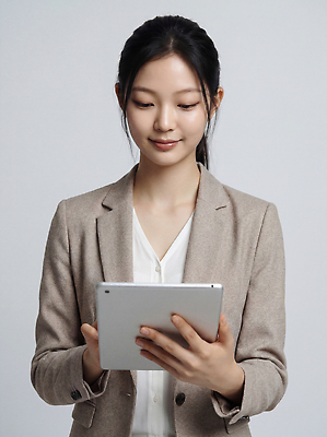 JPG 편집이미지 여자 비즈니스 직장 기술 실내 정장 태블릿 업무 작업 집중 의료성형뷰티 편집실사 AI인물포토 AI콘텐츠 옷 컨셉 회사 사람 내부 전자제품 스마트기기 CG 파일형식 AI포토