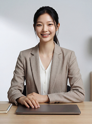 JPG 편집이미지 옷 여자 직장 미소 앉기 노트북 업무 작업 책상 꾸미기 의료성형뷰티 편집실사 AI인물포토 AI콘텐츠 가구 회사 모션 표정 사람 전자제품 CG 파일형식 AI포토 생활용품 비즈니스 오브젝트