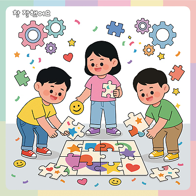 어린이 조각 일러스트 놀이 협력 웃음 친구 작업 퍼즐 집중 즐거움 그림 소통 창의력 칭찬 화기애애 국내일러스트 AI파일 감정 컨셉 관계 표정 사람 파일형식 벡터