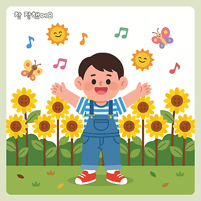꽃 행복 어린이 음악 나비 일러스트 노래 자연 해바라기 웃음 야외 여름 태양 즐거움 칭찬 국내일러스트 AI파일 자연요소 식물 계절 감정 곤충 문화예술 표정 사람 생태계 파일형식 벡터 동물