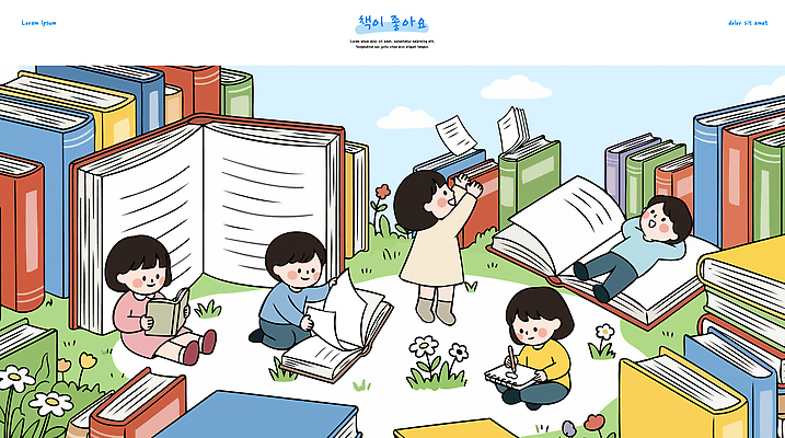 교육 행복 문화 어린이 일러스트 상상 놀이 이야기 잔디 책 친구 학습 독서 즐거움 페이지 창의력 국내일러스트 AI파일 식물 감정 관계 사람 파일형식 벡터