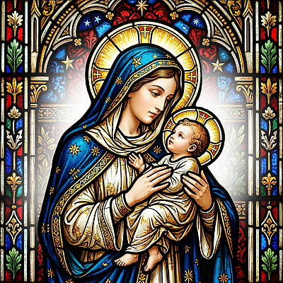 PSD 전통 여자 기독교 종교 예술 일러스트 천주교 아기 신성 마리아 스테인드글라스 아기예수 후광 국내일러스트 유리 사람 빛 예수 파일형식 재질 신
