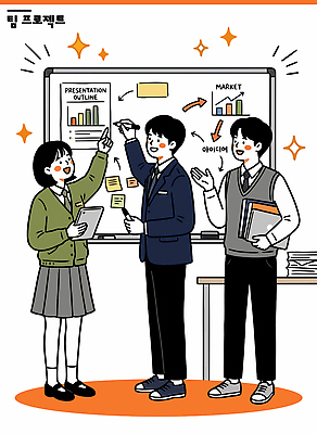 학생 일러스트 교실 수업 그래프 협력 아이디어 대화 설명 손짓 자료 보드 발표 그룹 계획 토론 프레젠테이션 준비 서류판 국내일러스트 AI파일 교육 스포츠 컨셉 학교 모션 말하기 사무용품 파일형식 벡터 문구용품 오브젝트