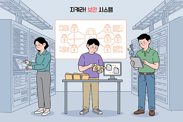 일러스트 기술 관리 사람 컴퓨터 자료 장비 정보 기록 작업 네트워크 보호 연결 저장 보안 시스템 점검 서버실 국내일러스트 AI파일 컨셉 안전 전자제품 파일형식 벡터