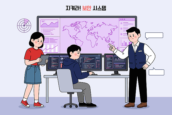 지도 일러스트 협력 기술 관리 대화 사람 컴퓨터 사무실 스크린 모니터 자료 전시 정보 작업 분석 보안 시스템 점검 국내일러스트 AI파일 컨셉 비즈니스 말하기 안전 전자제품 파일형식 벡터 모션