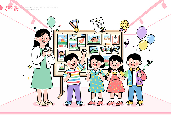 학생 교육 어린이 일러스트 미술 손짓 소녀 소년 여러명 성인 교사 공간 축하 발표 전시회 상 즐거움 그림 작품 방과후 국내일러스트 AI파일 직업 여자 남자 감정 다수 컨셉 모션 문화예술 사람 전시 상패 파일형식 벡터 우승 최고