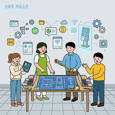 디자인 일러스트 회의 협력 아이디어 기술 사람 전자제품 컴퓨터 태블릿 사무실 기계 설계도 도구 계획 소프트웨어 키오스크 프로젝트 국내일러스트 AI파일 컨셉 비즈니스 건설업 스마트기기 파일형식 벡터 산업