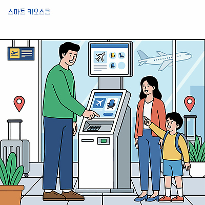 어린이 여행 일러스트 가족 엄마 비행기 사람 기계 터치 정보 짐 티켓 아빠 공항 승차 출발 승객 예약 체크인 출국 키오스크 국내일러스트 AI파일 컨셉 관계 항공교통 교통시설 모션 대중교통 파일형식 벡터 교통수단 교통 시설