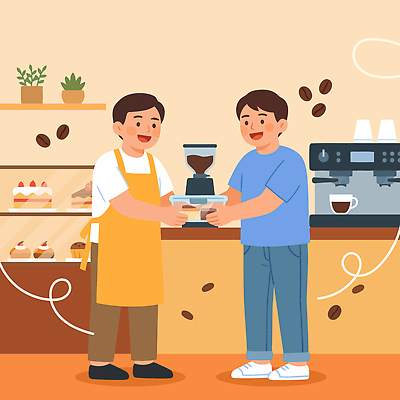커피 음료 일러스트 포장 디저트 웃음 사람 상점 주방 카페 원두 고객 서비스 친환경 바리스타 친환경제품 포장용기 다회용품 국내일러스트 AI파일 직업 음식 표정 환경 재활용품 포장재료 파일형식 벡터 재활용