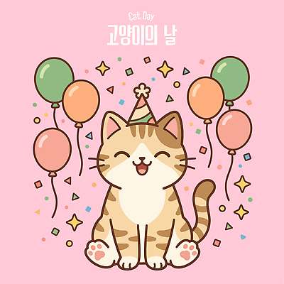 동물 기념일 행복 일러스트 웃음 이벤트 장식 반려동물 파티 귀여움 축제 고양이 즐거움 풍선 세계고양이의날 국내일러스트 AI파일 감정 컨셉 포유류 표정 파일형식 벡터