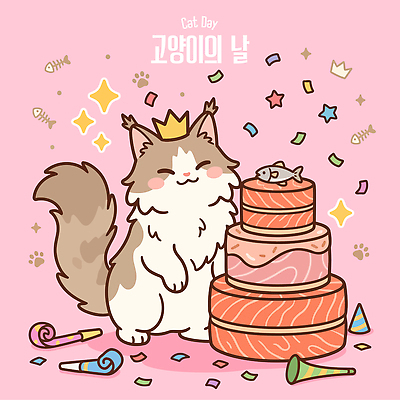 동물 기념일 일러스트 왕관 어류 장식 반려동물 파티 귀여움 케이크 축제 고양이 기쁨 축하 생일 먹이 세계고양이의날 국내일러스트 AI파일 감정 컨셉 포유류 디저트 이벤트 수중동물 파일형식 벡터 음식