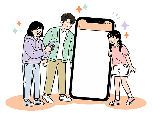 캐릭터 일러스트 기술 대화 세명 친구 스마트폰 핸드폰 디지털 스크린 모임 구매 집중 즐거움 결제 모바일쇼핑 소통 국내일러스트 AI파일 감정 컨셉 관계 말하기 사람 전자제품 스마트기기 쇼핑 온라인쇼핑 파일형식 벡터 모션 온라인
