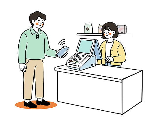 여자 남자 일러스트 기술 일상 스마트폰 쇼핑 판매 상점 업무 소비 구매 계산대 고객 직원 서비스 결제 편리함 포스기 스마트페이 상호작용 국내일러스트 AI파일 컨셉 사람 라이프 핸드폰 스마트기기 기계 작업 스마트 파일형식 벡터 생활 전자제품