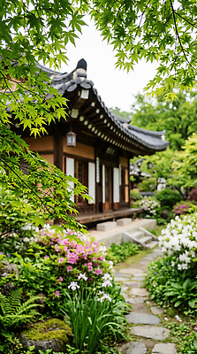 JPG 나무 편집이미지 전통 꽃 길 화초 잎 주택 한국 풍경 정원 돌 편집실사 AI포토 AI콘텐츠 식물 아시아 건물 CG 파일형식 건축물 나라 건축