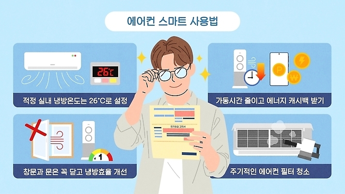 남자 일러스트 실내 여름 환경 에너지 절약 소비 전기에너지 에어컨 스마트 온도 설정 개선 냉방 방법 요금 팁 필터 효율 사용방법 전기세 국내일러스트 AI파일 계절 컨셉 사람 내부 가전제품 세금 파일형식 벡터 경제