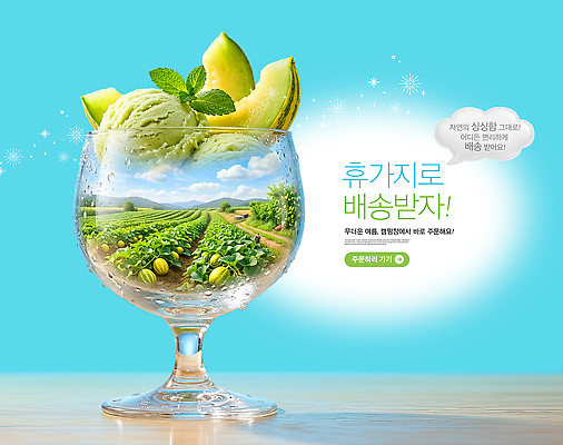 PSD 편집이미지 음료 밭 과일 하늘 아이스크림 디저트 컵 여름 농장 신선 멜론 과수원 이미지편집 식기 계절 음식 농업 파일형식 산업