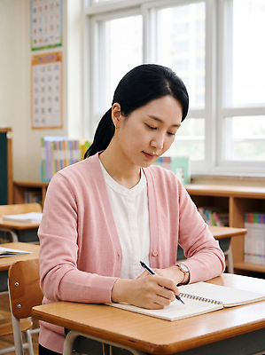 JPG 편집이미지 여자 교육 교실 수업 학용품 초등학교 학습 교사 공책 기록 집중 책상 편집실사 AI인물포토 AI콘텐츠 직업 가구 컨셉 학교 문구용품 사람 CG 파일형식 AI포토 생활용품 오브젝트