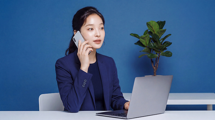 JPG 편집이미지 여자 화분 비즈니스 기술 정장 성인 파란색 노트북 사무실 작업 비즈니스우먼 남색 집중 책상 통화 소통 의료성형뷰티 편집실사 AI인물포토 AI콘텐츠 옷 컬러 가구 컨셉 모션 사람 전자제품 직장인 CG 파일형식 AI포토 직업 생활용품 오브젝트