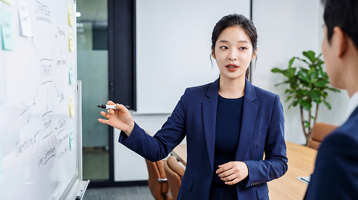 JPG 편집이미지 여자 비즈니스 회의 협력 아이디어 대화 설명 정장 성인 사무실 비즈니스우먼 토론 남색 회의실 직원 화이트보드 전문 의료성형뷰티 편집실사 AI인물포토 AI콘텐츠 옷 컬러 컨셉 모션 말하기 사람 직장인 CG 파일형식 AI포토 직업