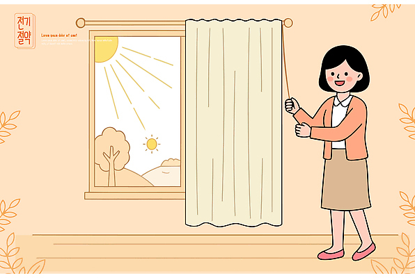 나무 응시 여자 행복 일러스트 창문 아침 날씨 실내 따뜻함 풍경 햇빛 커튼 절약 전기에너지 창밖 국내일러스트 AI파일 주간 식물 시선 감정 컨셉 사람 내부 빛 에너지 파일형식 벡터 자연요소