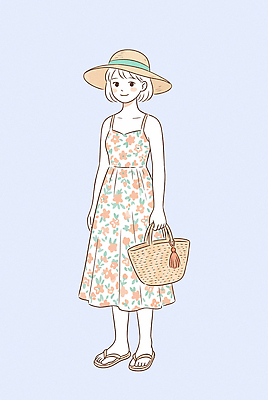 모자 손 디자인 드레스 옷 여자 패션 꽃무늬 일러스트 장신구 자연 서기 일상 캐주얼 여름 바구니 외출 털신 스타일 국내일러스트 AI파일 잡화 계절 꽃 신발 무늬 모션 사람 라이프 신체부위 생태계 파일형식 벡터 식물 생활