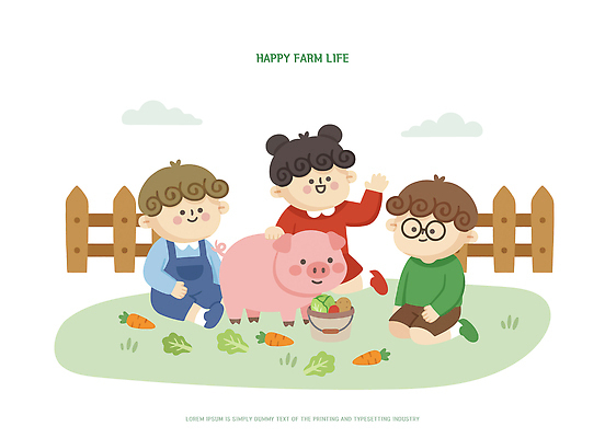 동물 여유 농업 일러스트 자연 놀이 웃음 생활 친구 농장 바구니 귀여움 촬영 당근 돼지 즐거움 국내일러스트 AI파일 감정 산업 컨셉 포유류 관계 뿌리채소 표정 생태계 파일형식 벡터 채소
