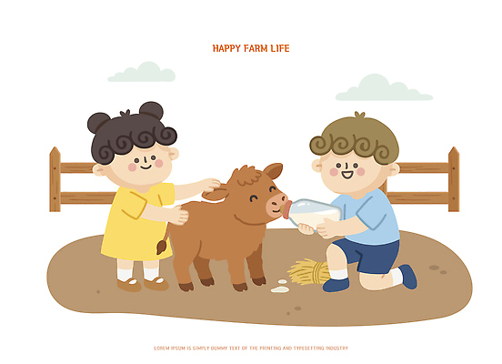 동물 어린이 농업 일러스트 자연 웃음 생활 친구 울타리 농장 가축 목장 기쁨 우유 소 송아지 국내일러스트 AI파일 감정 산업 새끼 포유류 관계 유제품 표정 사람 담장 생태계 파일형식 벡터