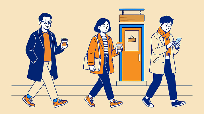 문화 커피 일러스트 아침 거리 대화 사람 풍경 여러명 일상 생활 친구 스마트폰 걷기 상점 카페 방문 오후 국내일러스트 AI파일 주간 음료 다수 관계 모션 말하기 라이프 핸드폰 스마트기기 파일형식 벡터 자연요소 전자제품